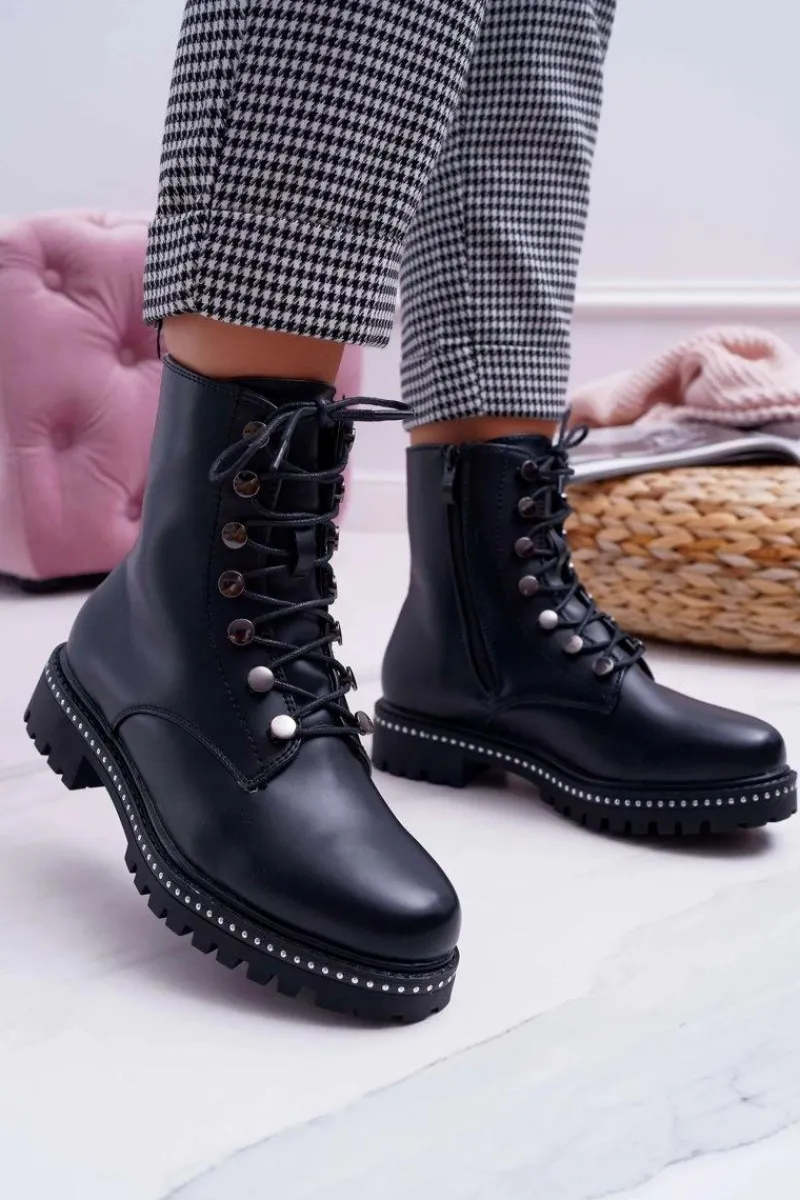 Hot Boto Botki Damskie Płaski Obcas Wysokie Glany Czarne Buena