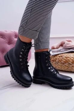 Hot Boto Botki Damskie Płaski Obcas Wysokie Glany Czarne Buena