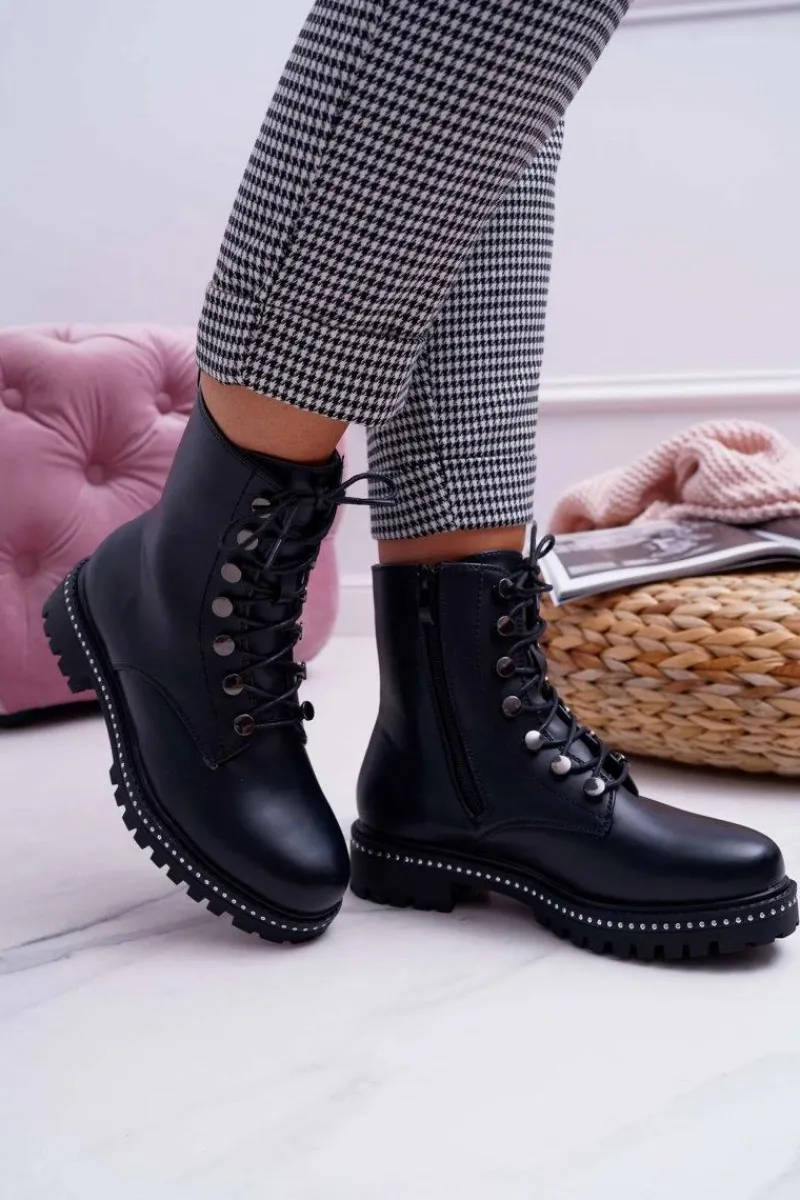 Hot Boto Botki Damskie Płaski Obcas Wysokie Glany Czarne Buena