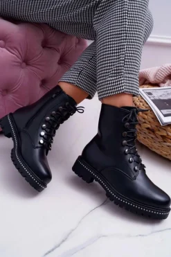 Hot Boto Botki Damskie Płaski Obcas Wysokie Glany Czarne Buena