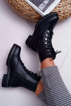 Hot Boto Botki Damskie Płaski Obcas Wysokie Glany Czarne Buena