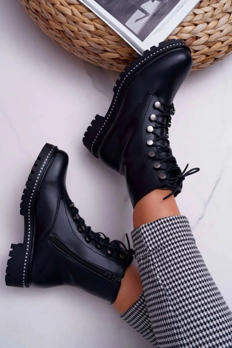 Hot Boto Botki Damskie Płaski Obcas Wysokie Glany Czarne Buena