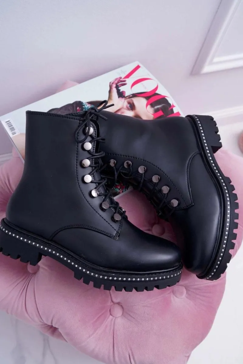 Hot Boto Botki Damskie Płaski Obcas Wysokie Glany Czarne Buena