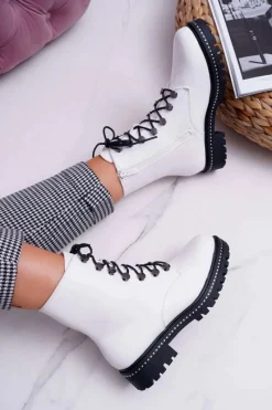 Botki Sznurowane|Botki Zimowe Damskie>Boto Botki Damskie Płaski Obcas Wysokie Glany Białe Buena