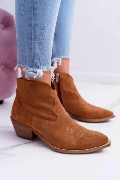 Botki Damskie Płaski Obcas Wiosenne Skórzane Kowbojki Camel Batty Damskie Botki Wiosenne|Brązowe I Beżowe Botki