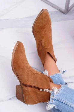 Botki Damskie Płaski Obcas Wiosenne Skórzane Kowbojki Camel Batty Damskie Botki Wiosenne|Brązowe I Beżowe Botki