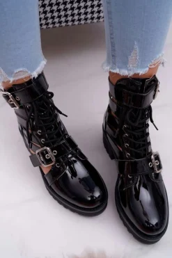 New Boto Botki Damskie Płaski Obcas Wiosenne Lakierowane Czarne Single