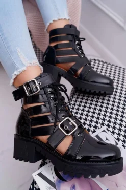 New Boto Botki Damskie Płaski Obcas Wiosenne Lakierowane Czarne Single