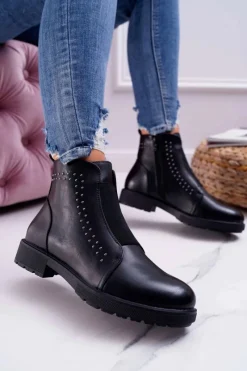 Clearance Botki Damskie Płaski Obcas Nity Czarne Sergio Leone BT519 Damskie Botki Zimowe Damskie|Botki Płaskie