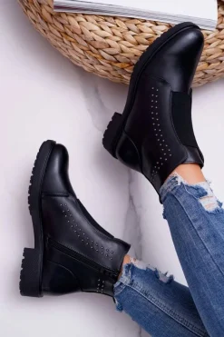 Clearance Botki Damskie Płaski Obcas Nity Czarne Sergio Leone BT519 Damskie Botki Zimowe Damskie|Botki Płaskie