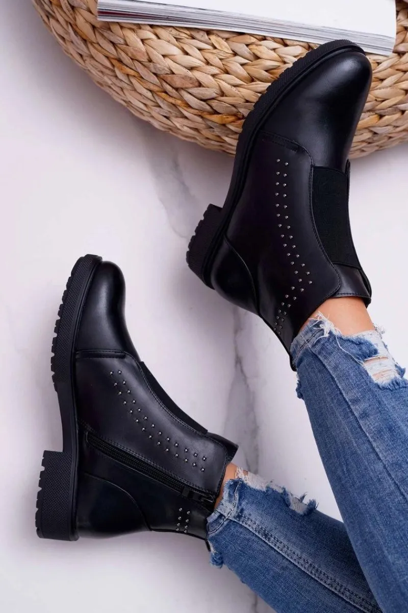 Clearance Botki Damskie Płaski Obcas Nity Czarne Sergio Leone BT519 Damskie Botki Zimowe Damskie|Botki Płaskie