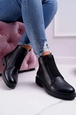 Clearance Botki Damskie Płaski Obcas Nity Czarne Sergio Leone BT519 Damskie Botki Zimowe Damskie|Botki Płaskie