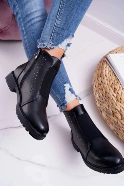 Clearance Botki Damskie Płaski Obcas Nity Czarne Sergio Leone BT519 Damskie Botki Zimowe Damskie|Botki Płaskie