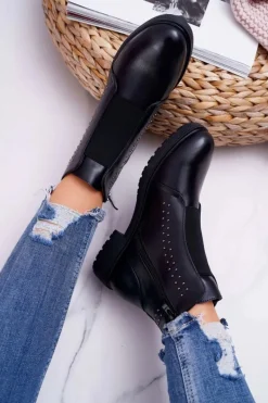 Clearance Botki Damskie Płaski Obcas Nity Czarne Sergio Leone BT519 Damskie Botki Zimowe Damskie|Botki Płaskie