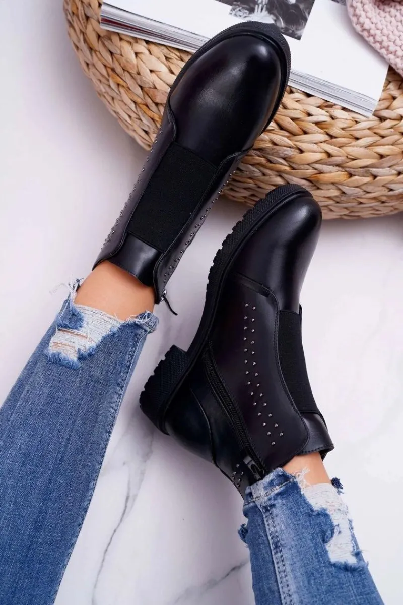 Clearance Botki Damskie Płaski Obcas Nity Czarne Sergio Leone BT519 Damskie Botki Zimowe Damskie|Botki Płaskie