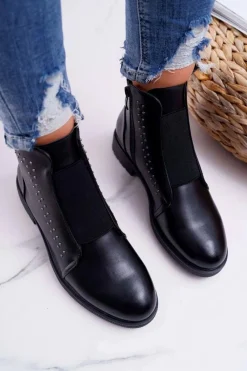 Clearance Botki Damskie Płaski Obcas Nity Czarne Sergio Leone BT519 Damskie Botki Zimowe Damskie|Botki Płaskie