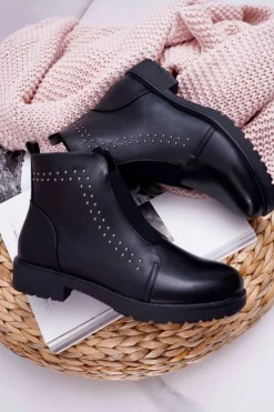 Clearance Botki Damskie Płaski Obcas Nity Czarne Sergio Leone BT519 Damskie Botki Zimowe Damskie|Botki Płaskie