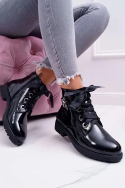 Best Botki Damskie Płaski Obcas Glany Lakierowane Czarne Sergio Leone BT530 Damskie Botki Sznurowane|Botki Zimowe Damskie