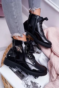 Best Botki Damskie Płaski Obcas Glany Lakierowane Czarne Sergio Leone BT530 Damskie Botki Sznurowane|Botki Zimowe Damskie