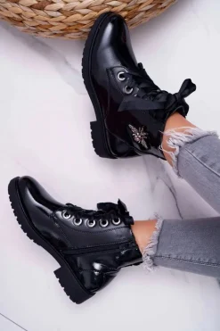 Best Botki Damskie Płaski Obcas Glany Lakierowane Czarne Sergio Leone BT530 Damskie Botki Sznurowane|Botki Zimowe Damskie