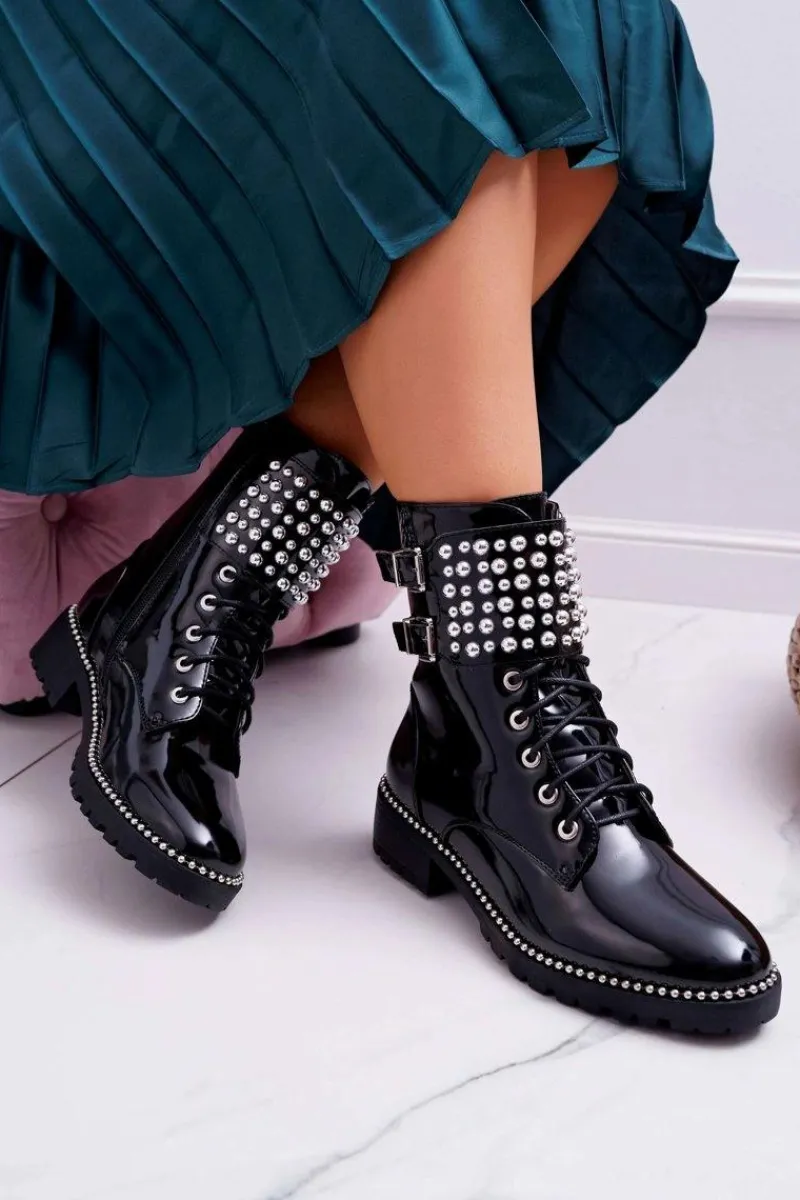 Online Boto Botki Damskie Płaski Obcas Militarne Lakierowane Czarne Bemmer