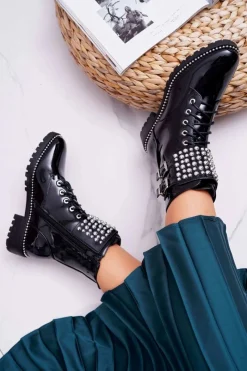 Online Boto Botki Damskie Płaski Obcas Militarne Lakierowane Czarne Bemmer