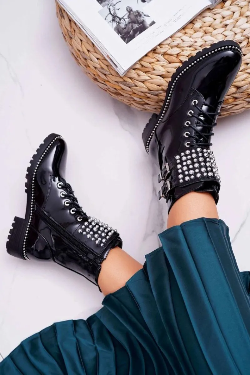 Online Boto Botki Damskie Płaski Obcas Militarne Lakierowane Czarne Bemmer