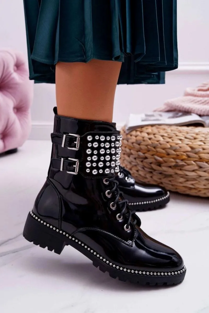 Online Boto Botki Damskie Płaski Obcas Militarne Lakierowane Czarne Bemmer