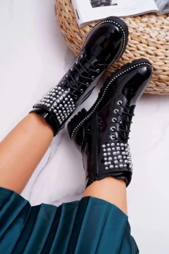 Online Boto Botki Damskie Płaski Obcas Militarne Lakierowane Czarne Bemmer