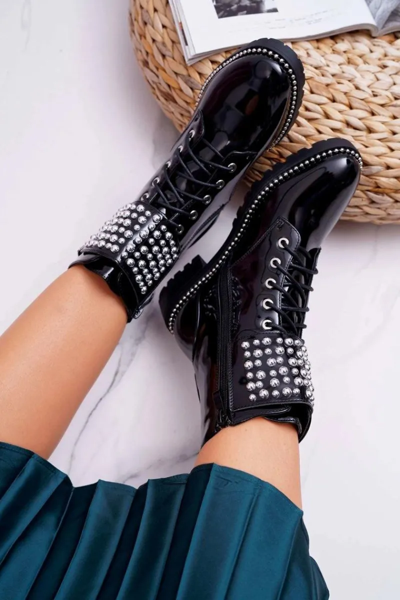 Online Boto Botki Damskie Płaski Obcas Militarne Lakierowane Czarne Bemmer