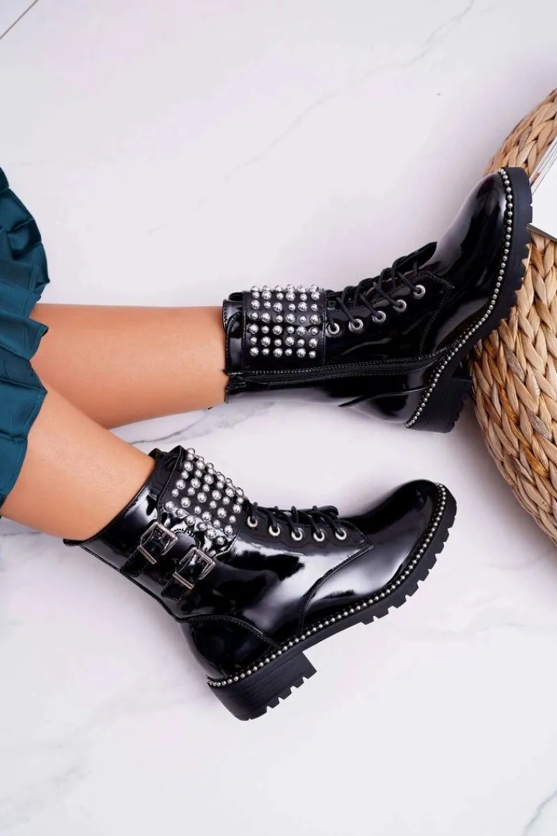 Online Boto Botki Damskie Płaski Obcas Militarne Lakierowane Czarne Bemmer