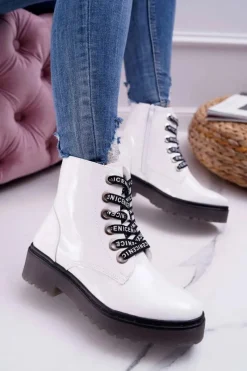 Best Buty Sergio Leone Botki Damskie Płaski Obcas Glany Lakierowane Białe Sergio Leone TR726