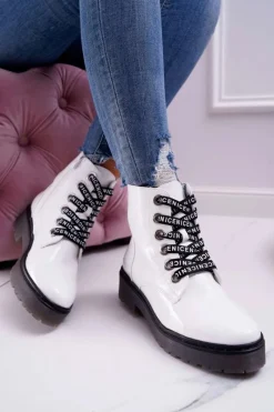 Best Buty Sergio Leone Botki Damskie Płaski Obcas Glany Lakierowane Białe Sergio Leone TR726