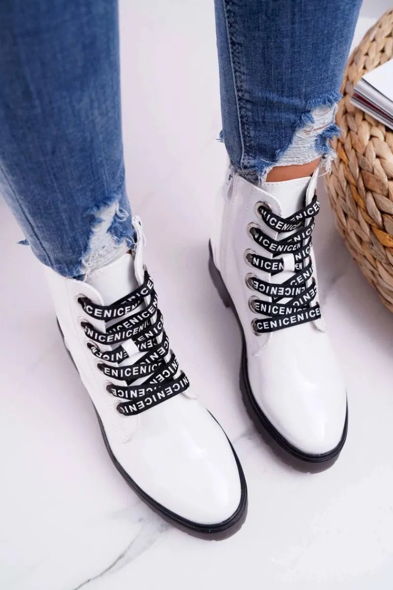 Best Buty Sergio Leone Botki Damskie Płaski Obcas Glany Lakierowane Białe Sergio Leone TR726