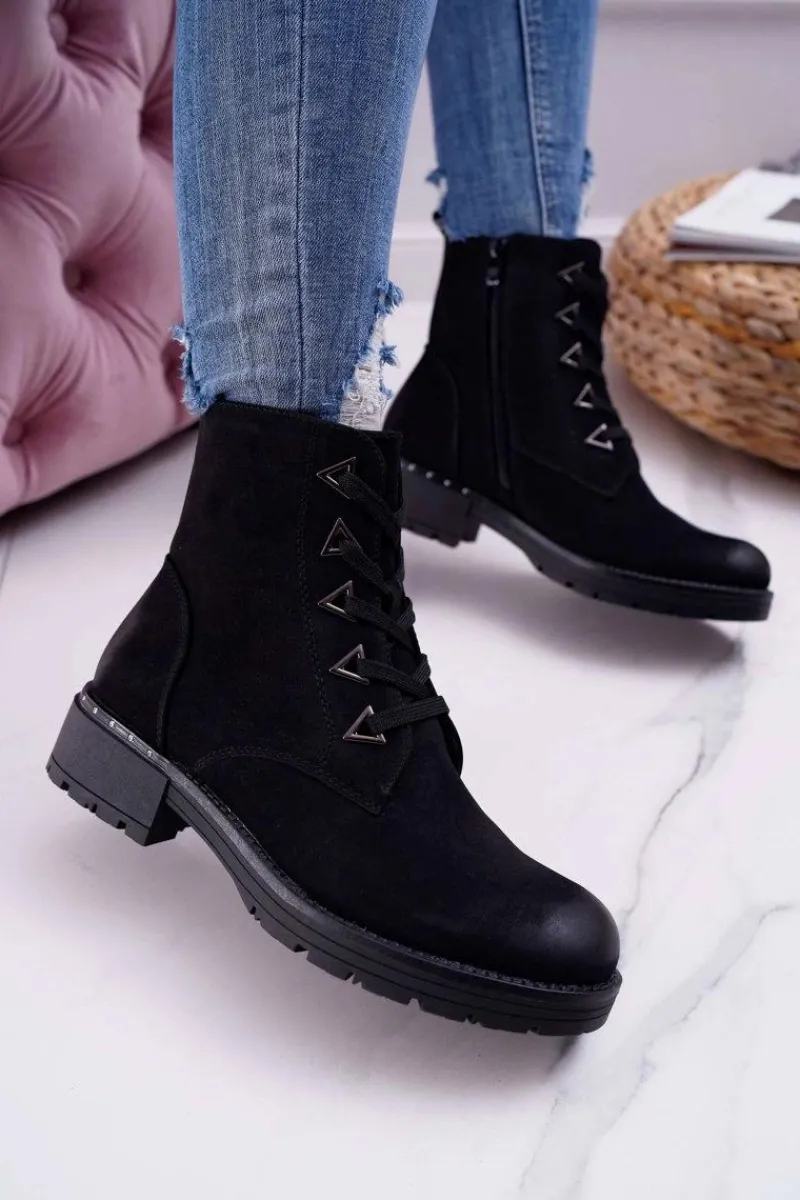 Sale Botki Damskie Płaski Obcas Nubuk Czarne Sergio Leone TR718 Damskie Botki Sznurowane|Botki Zimowe Damskie