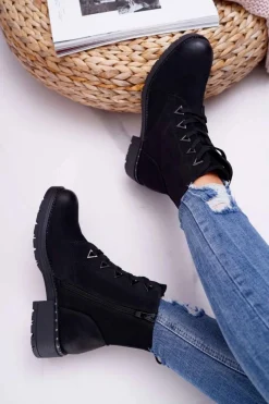 Sale Botki Damskie Płaski Obcas Nubuk Czarne Sergio Leone TR718 Damskie Botki Sznurowane|Botki Zimowe Damskie