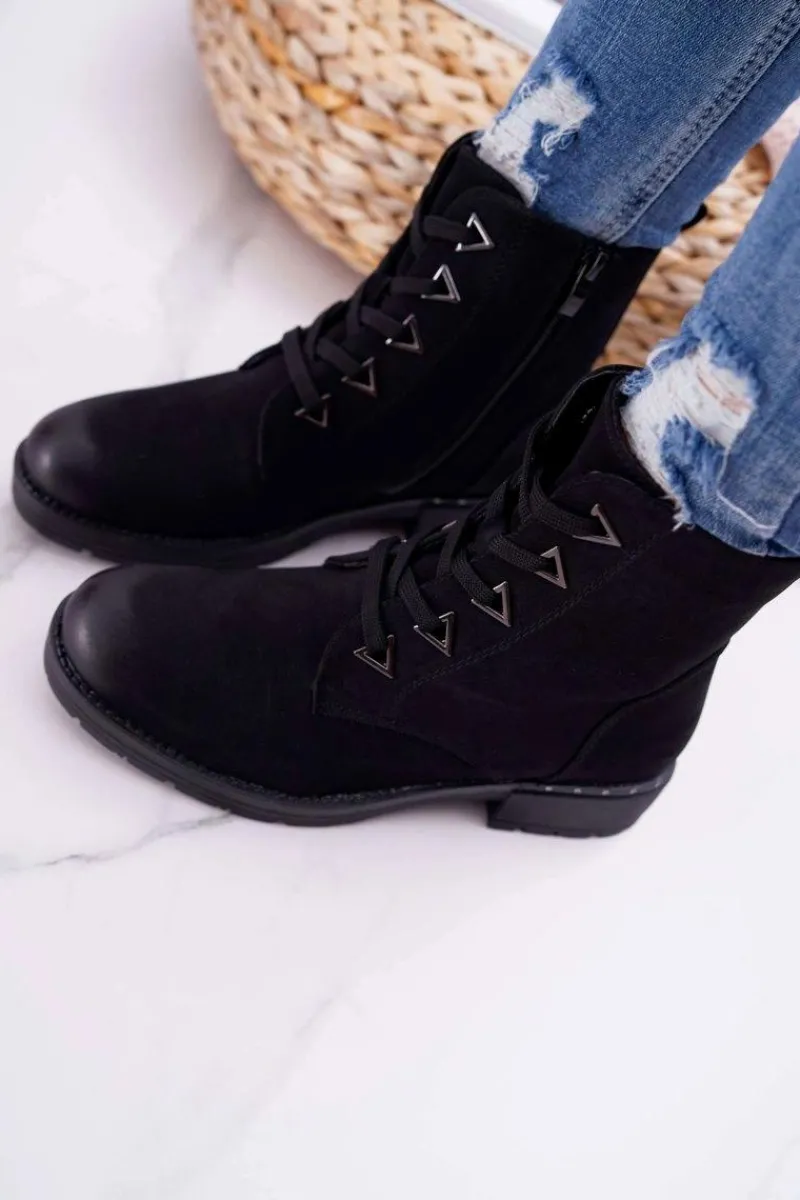 Sale Botki Damskie Płaski Obcas Nubuk Czarne Sergio Leone TR718 Damskie Botki Sznurowane|Botki Zimowe Damskie