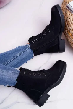 Sale Botki Damskie Płaski Obcas Nubuk Czarne Sergio Leone TR718 Damskie Botki Sznurowane|Botki Zimowe Damskie