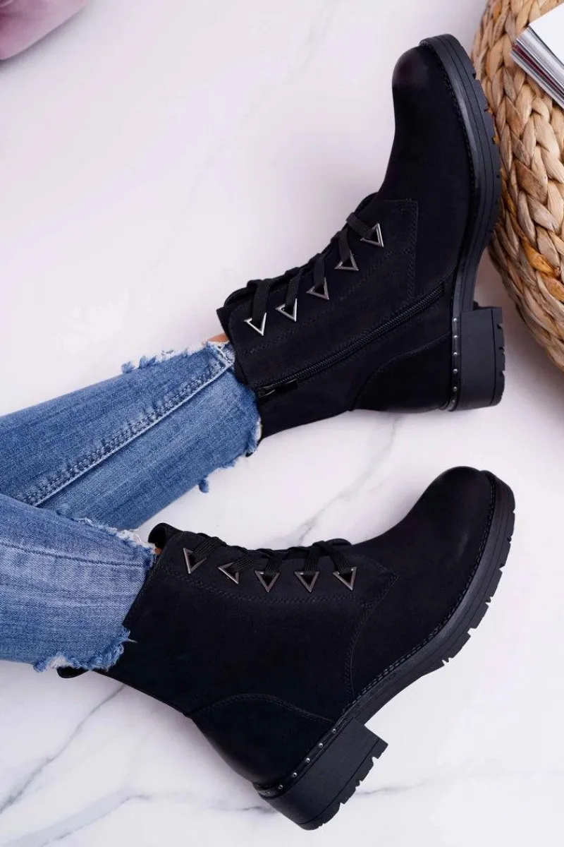 Sale Botki Damskie Płaski Obcas Nubuk Czarne Sergio Leone TR718 Damskie Botki Sznurowane|Botki Zimowe Damskie