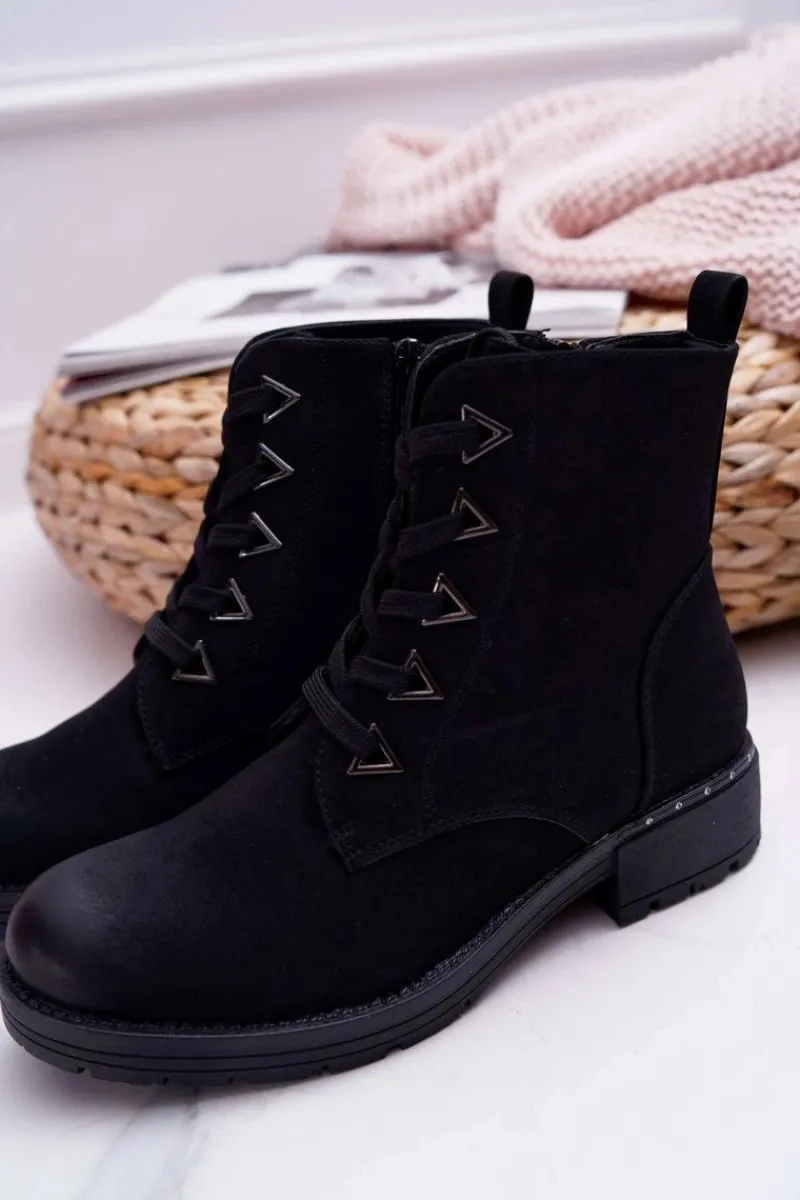 Sale Botki Damskie Płaski Obcas Nubuk Czarne Sergio Leone TR718 Damskie Botki Sznurowane|Botki Zimowe Damskie