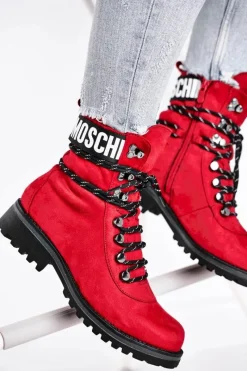 Hot Evento Botki Damskie Płaski Obcas Na Suwak Czerwone Popsi