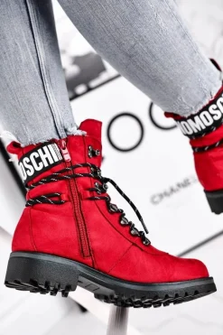 Hot Evento Botki Damskie Płaski Obcas Na Suwak Czerwone Popsi