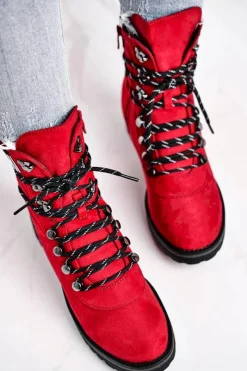 Hot Evento Botki Damskie Płaski Obcas Na Suwak Czerwone Popsi