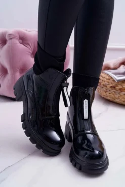 Best Boto Botki Damskie Płaski Obcas Czarne Emelia