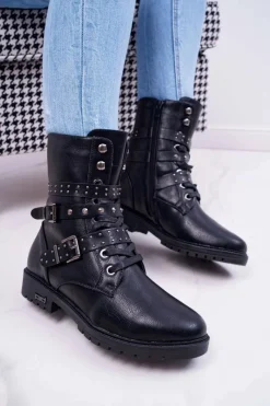 Botki Sznurowane|Botki Zimowe Damskie>Boto Botki Damskie Płaski Obcas Wysokie Czarne Emenbar