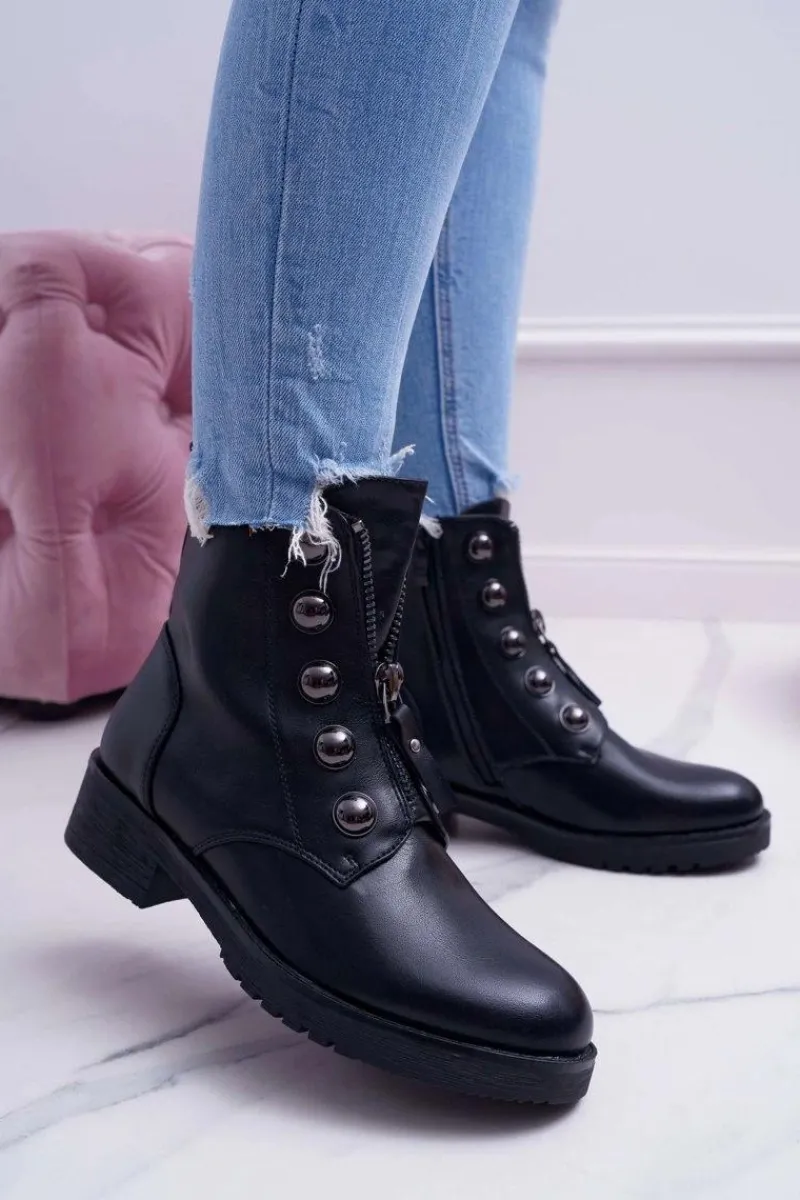 Outlet Botki Damskie Płaski Obcas Wysokie Czarne Yulio Damskie Botki Płaskie|Czarne Botki