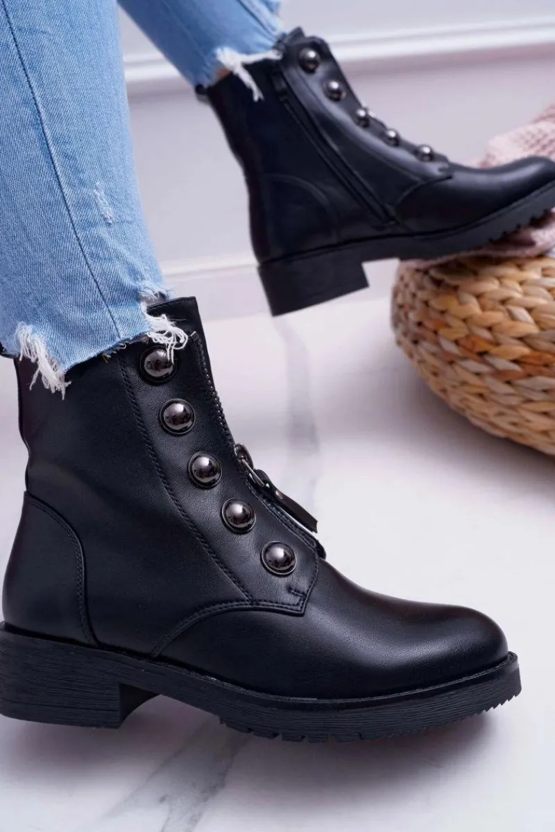 Outlet Botki Damskie Płaski Obcas Wysokie Czarne Yulio Damskie Botki Płaskie|Czarne Botki