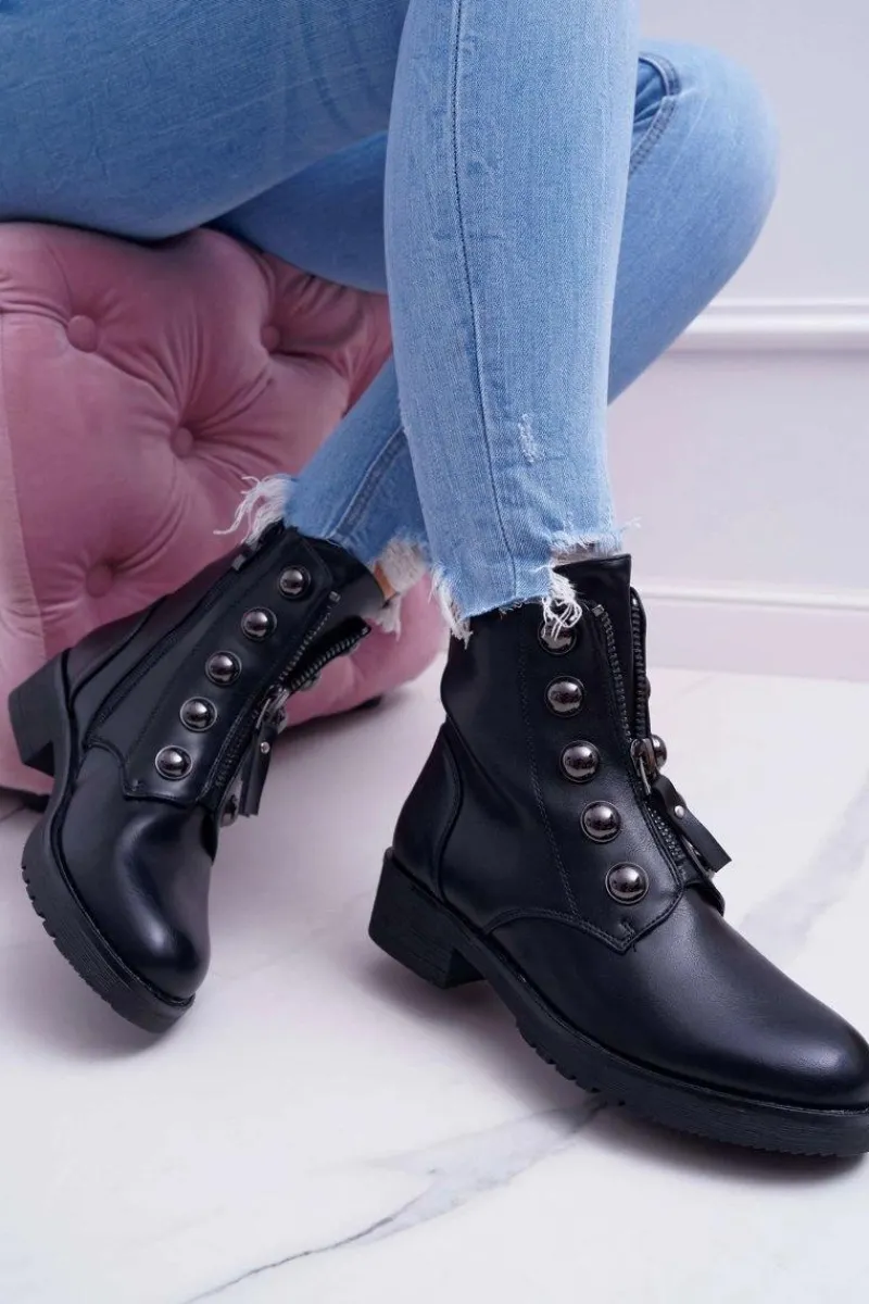 Outlet Botki Damskie Płaski Obcas Wysokie Czarne Yulio Damskie Botki Płaskie|Czarne Botki