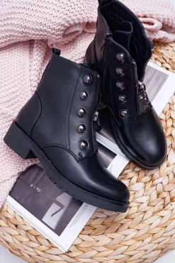 Outlet Botki Damskie Płaski Obcas Wysokie Czarne Yulio Damskie Botki Płaskie|Czarne Botki