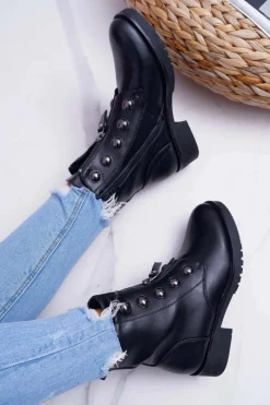 Outlet Botki Damskie Płaski Obcas Wysokie Czarne Yulio Damskie Botki Płaskie|Czarne Botki